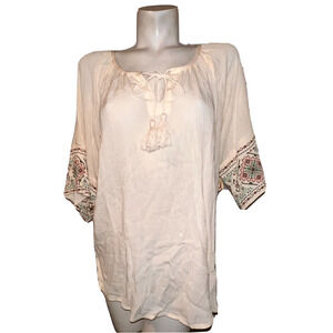 New ONE WORLD Top Size L Cream String-tie Neck Cross-stitch Print Sleeve Tunic